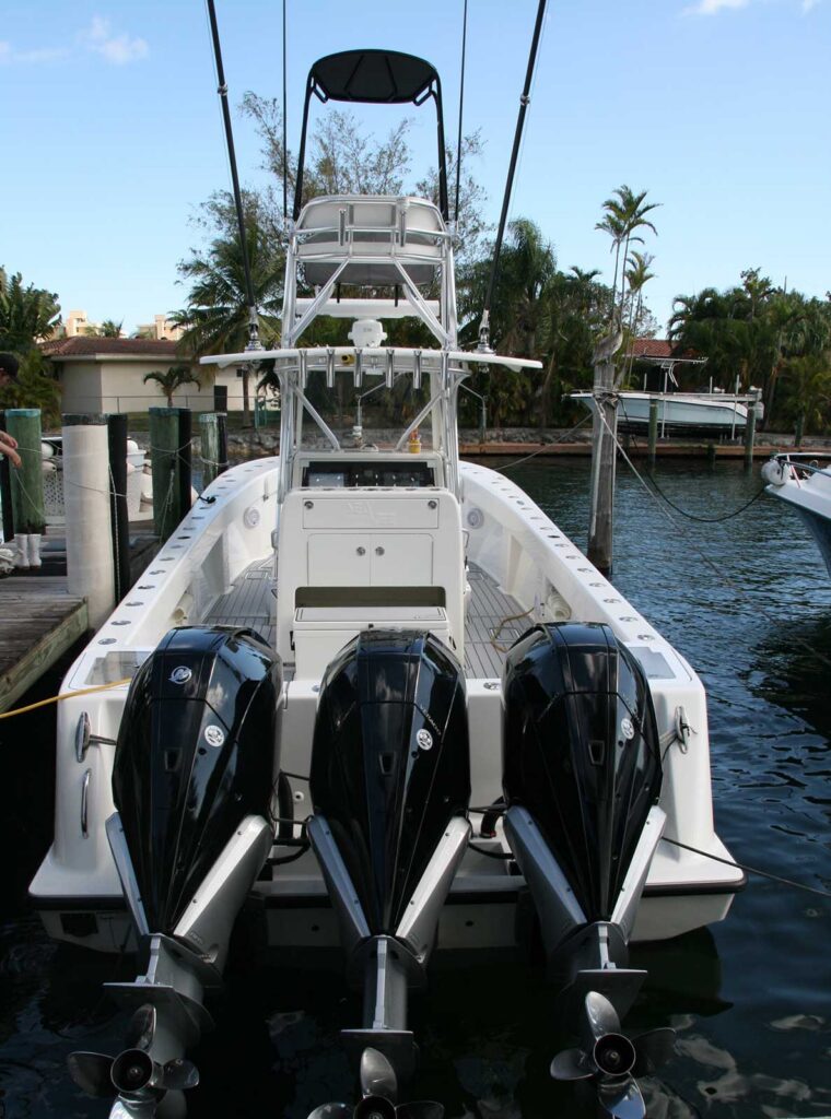 Aft view of 37 foot SeaVee with three outboard motors.